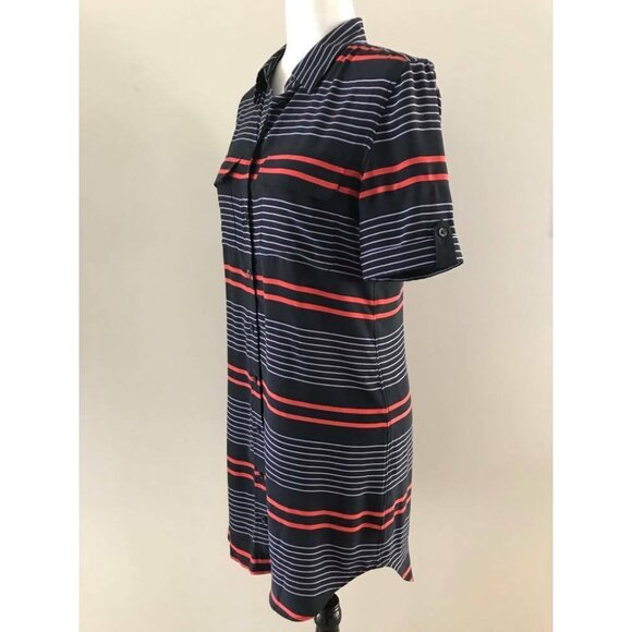 EQUIPMENT FEMME Short Sleeve Silk Signature Shirtdress Size XS Blue Red Striped - Picture 4 of 7